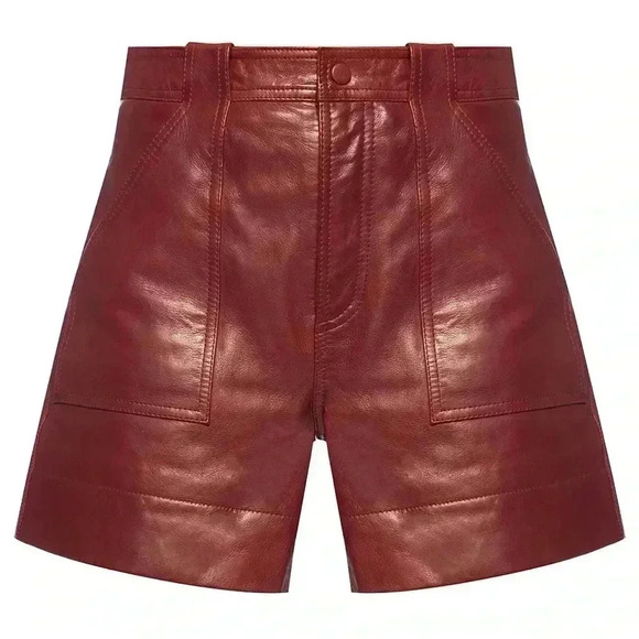 Rare! Ganni 100% lamb leather burgundy high waisted shorts sz 36 FR US 4 fall - Picture 3 of 14